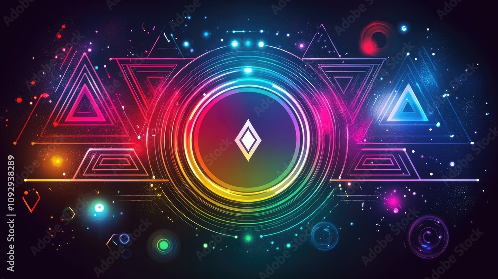 Poster abstract rainbow static with geometric patterns and glitch effects, creating a retro-futuristic scen