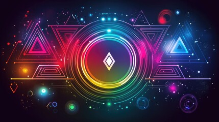 Abstract rainbow static with geometric patterns and glitch effects, creating a retro-futuristic scene.