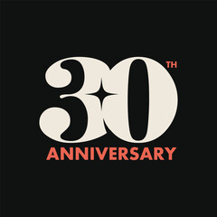 Obraz premium 30th anniversary logo with classic, typography vector illustration. 30 years jubilee, wedding, birthday party celebration template, poster, banner. Year anniversary sticker, label, tag, emblem.