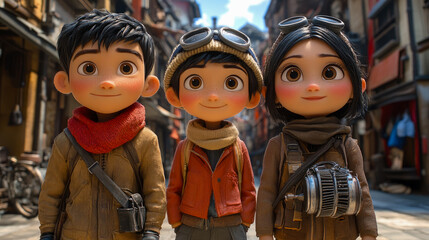 Fototapeta premium Three animated children smile while standing together in a lively street filled with unique architecture and local shops during the daytime