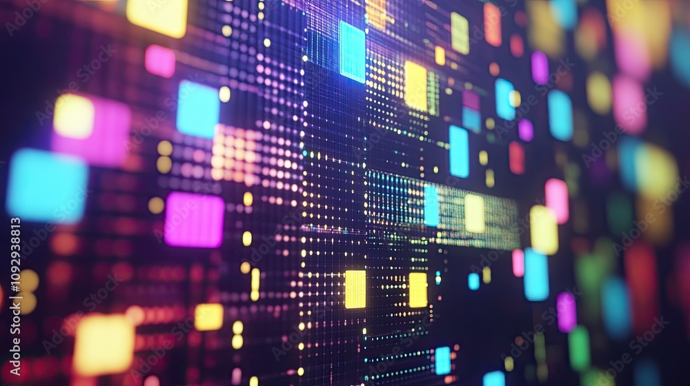 Poster glitchy static-filled screen layered with rainbow tones and geometric patterns.