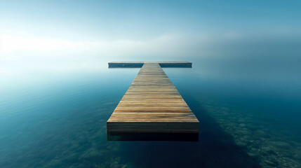 A wooden pier stretches into tranquil waters, surrounded by soft mist and tranquil reflections, creating a peaceful atmosphere at dawn