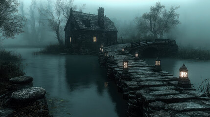 A serene and mysterious cottage stands beside a fog-covered lake, linked by a stone bridge illuminated by glowing lanterns at dusk
