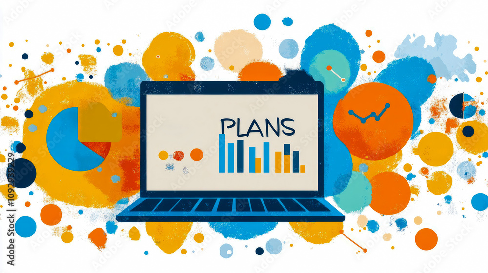 Poster a laptop shows the word plans alongside colorful graphs and charts, set against a backdrop of vibran
