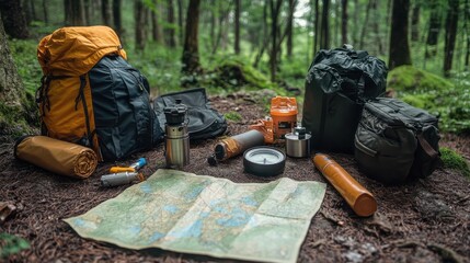 Adventure gear spread out on a forest floor, including a compass, map, and camping stove, symbolizing the preparation needed for an epic adventure and essential survival equipment