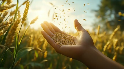 Farmer's hand is holding yellow wheat seeds in his palm and throwing them into green ears