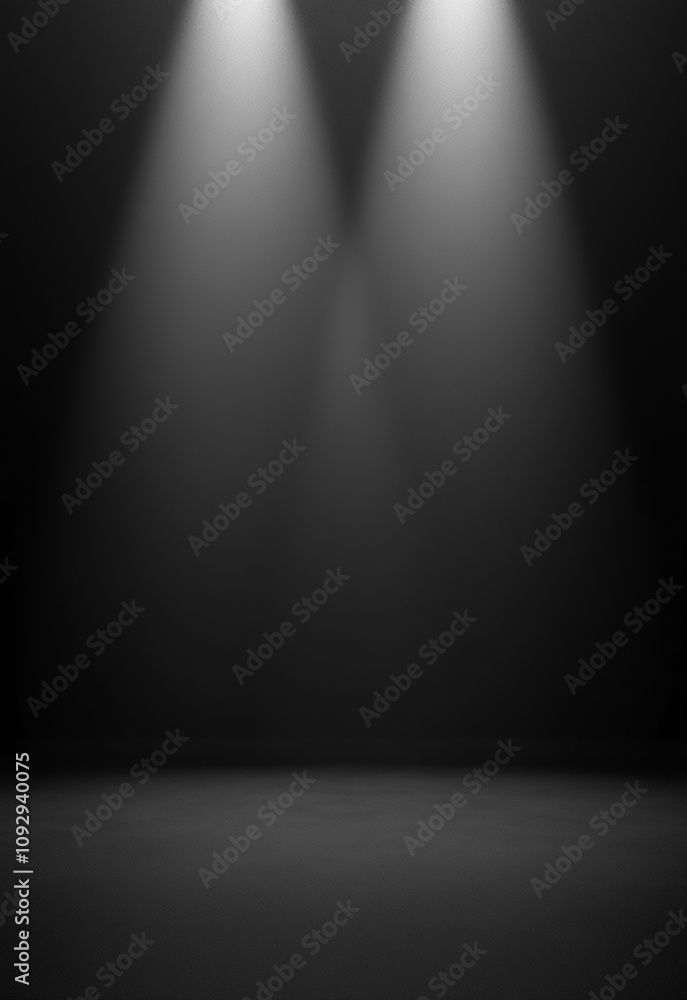 Poster an empty, darkened stage is illuminated by three intense spotlights, creating a focused atmosphere w