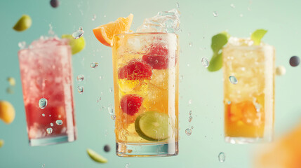 Refreshing Fruit Cocktails in Motion.  Concept of Summer Drinks, Refreshment, and Healthy Beverages.