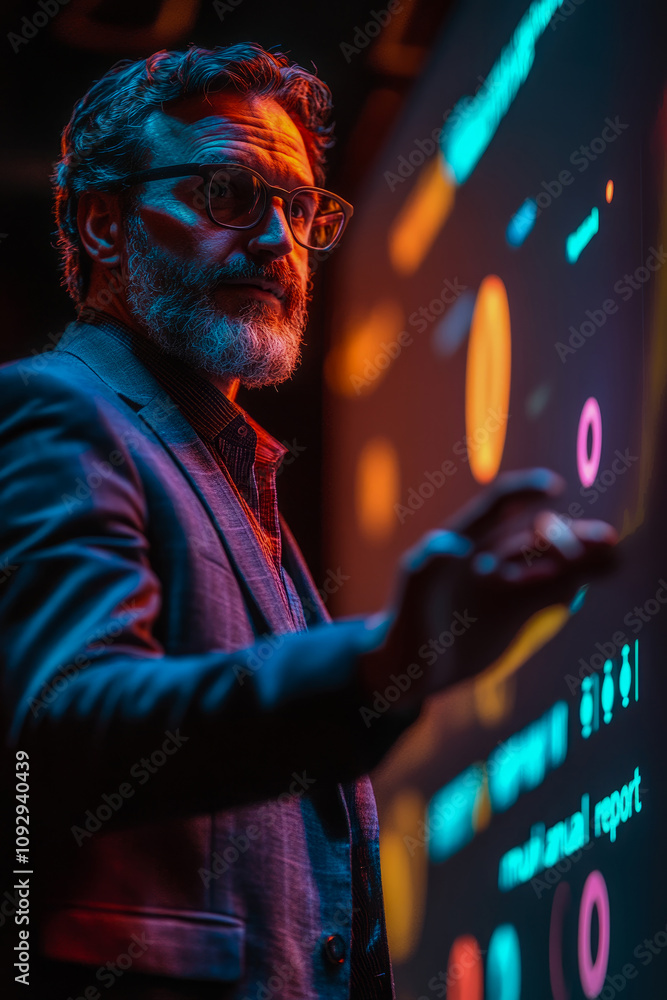 Poster a man with glasses engages the audience by interacting with a colorful digital display while present