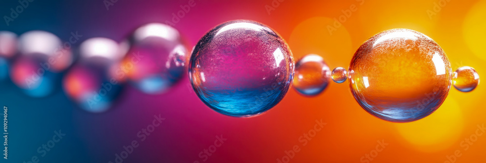 Poster colorful bubbles in various sizes reflect light, creating a mesmerizing effect against a vibrant bac