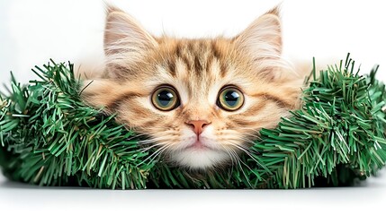Playful Kitten Hiding Behind Holiday Wreath
