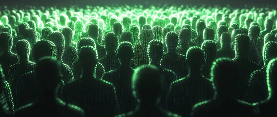 Crowd with Heads Composed of Glowing Green Binary Code. AI generated illustration