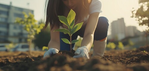 A young woman planting a tree in an urban setting, symbolizing urban reforestation efforts