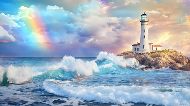 A serene lighthouse stands on a rocky shore under a colorful sky with waves and a rainbow.