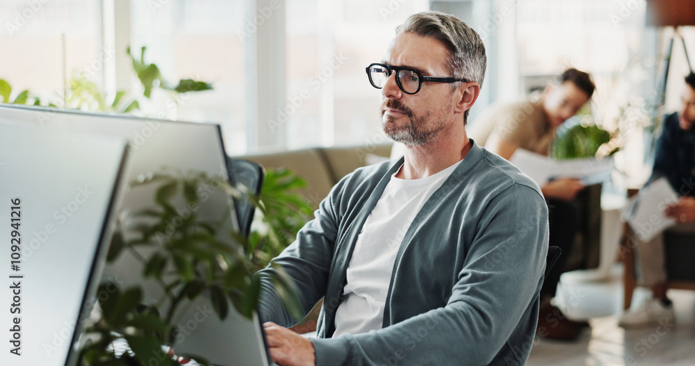 Poster Computer, system and web developer with man programmer in office for coding or design. Creative, cybersecurity and programming infrastructure with mature employee at work for website development