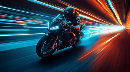 Obraz premium A Moto rider speeding down a neon-lit road, with trails of bright blue and green light highlighting