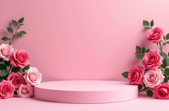 empty pink podium on beautiful roses background, for product presentation