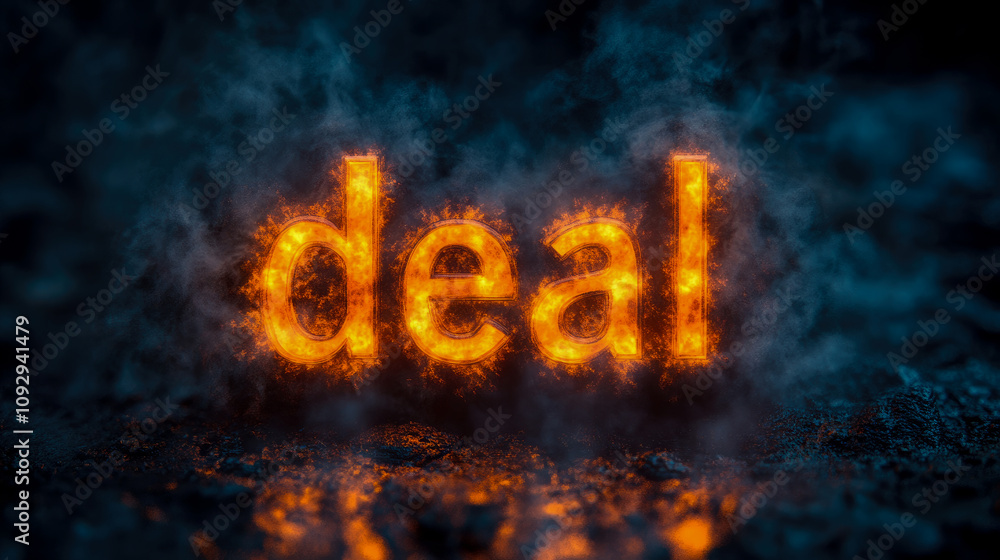 Poster flames intricately spell out the word deal, creating a striking visual in an artistic display of lig