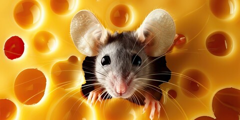 Cute mouse looking out of a hole in swiss cheese, the mouse has big cute eyes, big cute ears