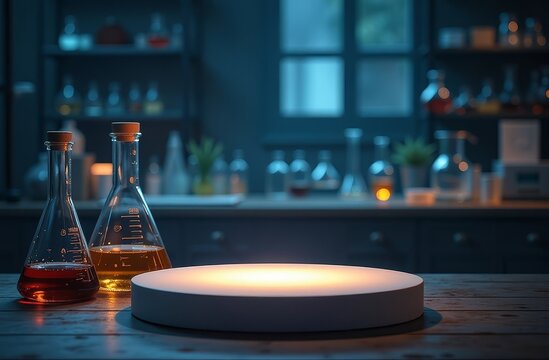 white empty podium in the foreground, chemical flasks in the background, laboratory, experiments