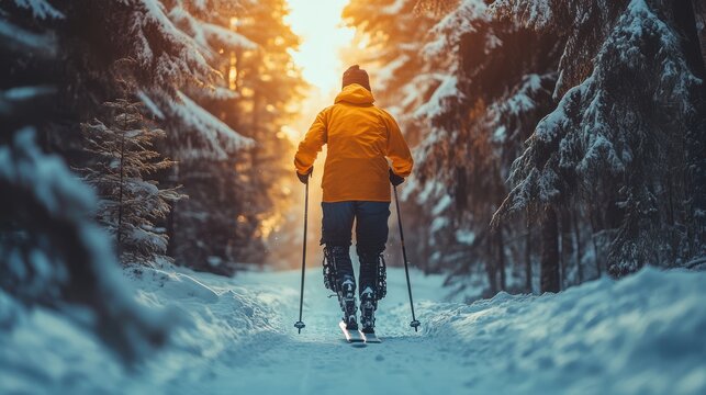 A cross-country skier with a prosthetic limb skiing through a forest, representing the indomitable athletic spirit and the adventure-driven models with disabilities