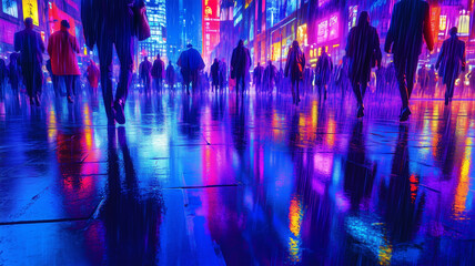 Fototapeta premium 雨の夜に映えるネオンカラーの都会