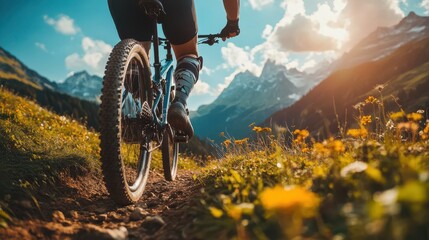 A cyclist with a prosthetic leg pedaling through mountain trails, capturing the adventurous athletic spirit and the unstoppable will of athletes with disabilities