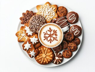 A decorative plate filled with various cookies and a cup of latte art featuring a snowflake design, evoking a cozy, festive atmosphere.