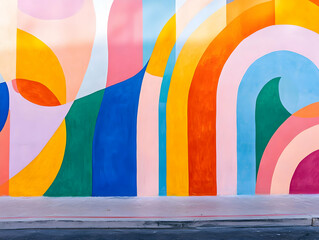 A vibrant mural featuring colorful abstract shapes and patterns on a wall.
