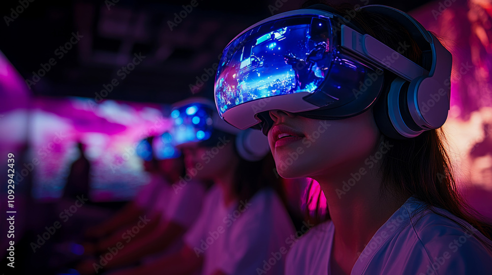 Poster participants enjoy immersive vr experiences in a vibrant venue with dynamic lighting and visuals at 