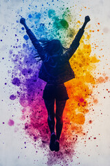 A woman joyfully raises her arms in celebration against a backdrop of colorful splashes, embodying a sense of freedom and happiness