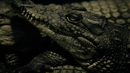 Obraz premium Head of a crocodile close-up. The Reptilia class, predators, are good swimmers and can move fairly quickly on land.