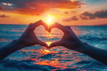 hands shaping a heart around a soft, warm sunset on the horizon