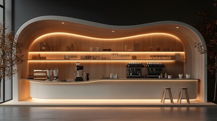 Miniature coffee shop model featuring minimalist curved interior, wooden accents, illuminated shelves, espresso machine, and bar counter in clean, architectural style.