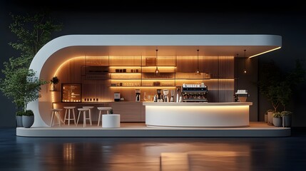 Miniature coffee shop model featuring minimalist curved interior, wooden accents, illuminated shelves, espresso machine, and bar counter in clean, architectural style.