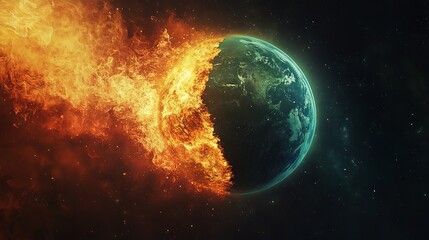 Earth Day Concept with Split Earth: Half on Fire, Half Green. AI generated illustration