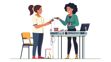 Smiling Female Teacher Evaluating Student Performance in Classroom