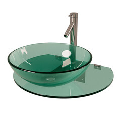 A green glass bowl with a silver faucet