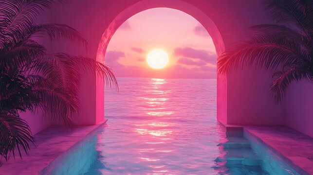 Door revealing a tranquil sea and swimming pool glowing neon tones summer vibes 3d rendering