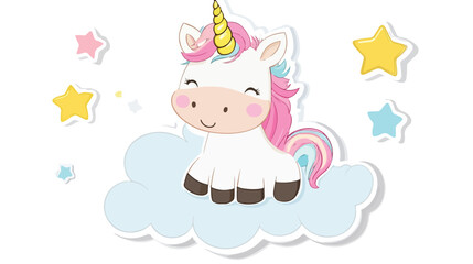 Cute Unicorn Sticker on Cloud Background