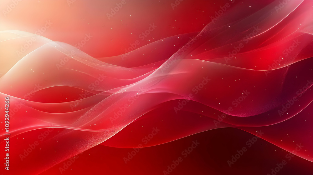 Poster red abstract waves flowing dynamically, elegant design with shimmering particles