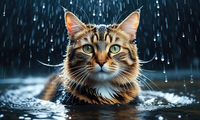 Portrait of majestic cat enjoying the rain outdoors