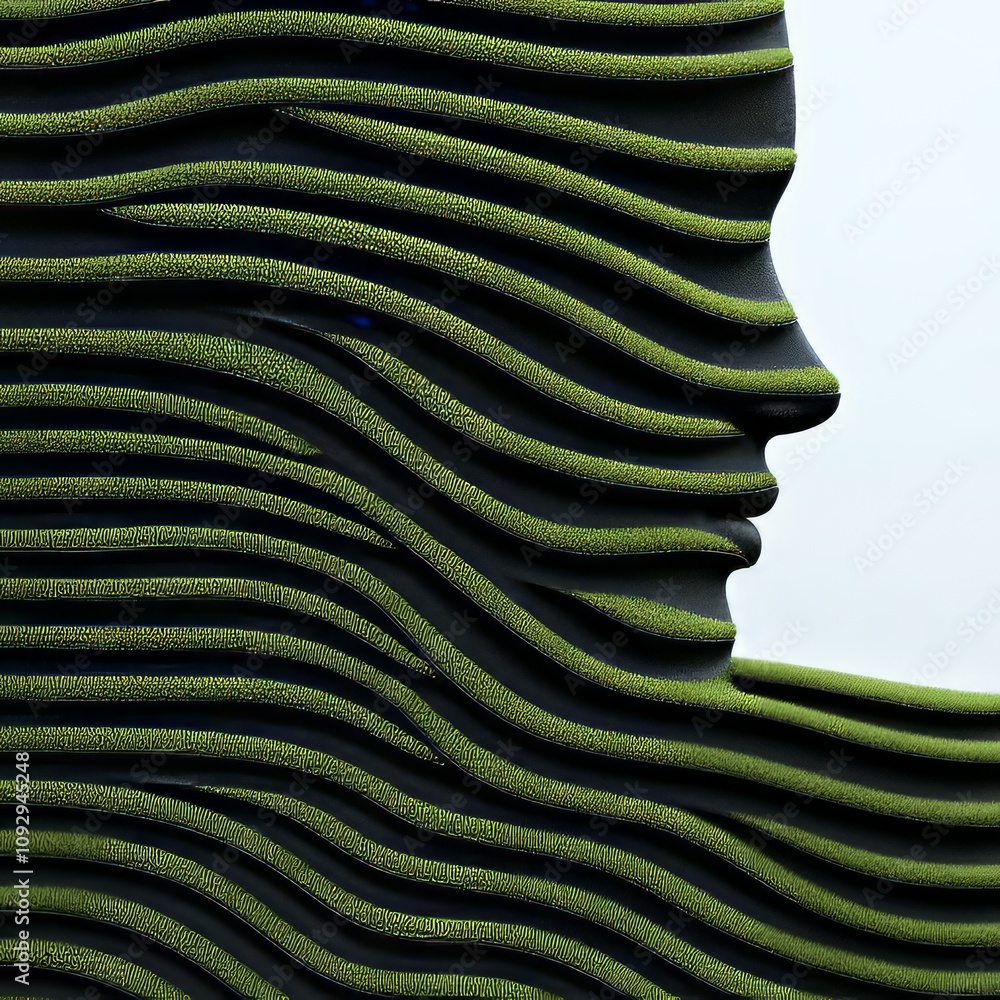 Poster abstract profile portrait composed of wavy lines textured with green elements.