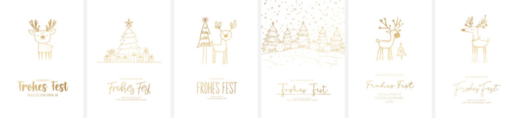 6x Weihnachtskarten Motiv (Din Format) mit dem Schriftzug "Wir wünschen ein Frohes Fest und alles Gute für das kommende Jahr". Moderne Typo, Font & Symbol komplett als Pfade 