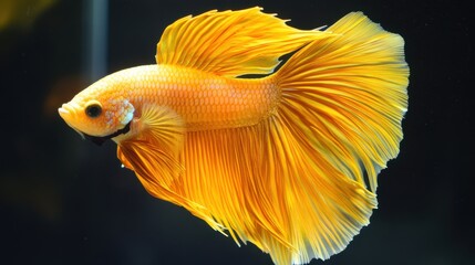 A vibrant golden betta fish gracefully glides through the water, its fins flaring in a mesmerizing display of color and elegance.