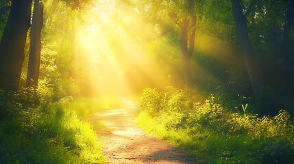 Obraz premium Winding Path with Lush Green Forest Sunlight Background for Natural Beauty Outdoor Landscape Concept.