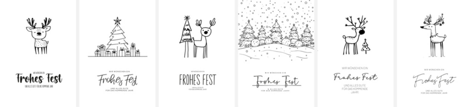 6x Weihnachtskarten Motiv (Din Format) mit dem Schriftzug "Wir w&uuml;nschen ein Frohes Fest und alles Gute f&uuml;r das kommende Jahr". Moderne Typo, Font & Symbol komplett als Pfade 