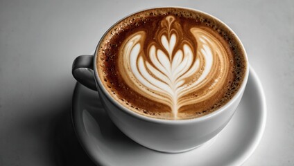 A white coffee cup with a latte art design on top of a saucer.