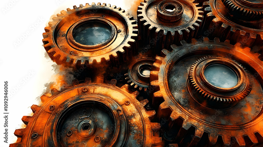 Poster rusty gears interlock: a complex machine's intricate design