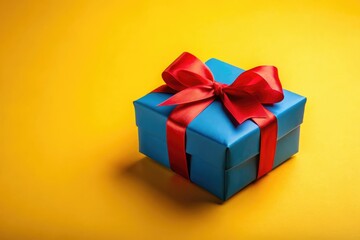 Obraz premium A vivid blue gift box adorned with a red ribbon against a bright yellow background, ideal for celebrating birthdays and special occasions with a festive touch.